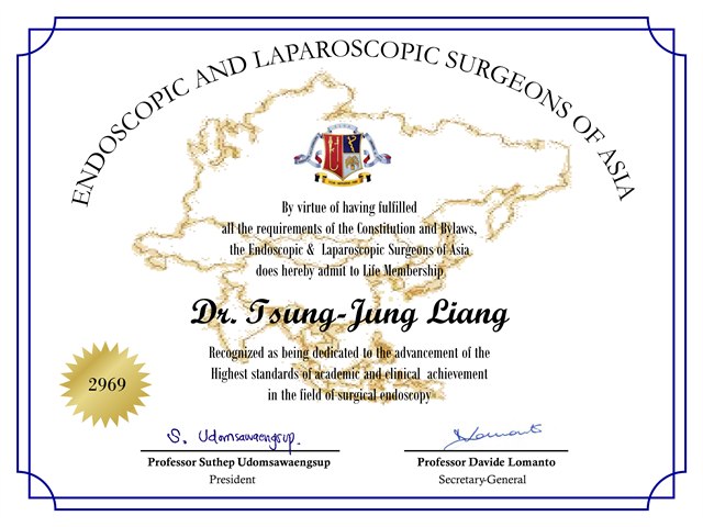 Endoscopic and Laparoscopic Surgeons of Asia 頒予梁宗榮醫師的終身會員證書