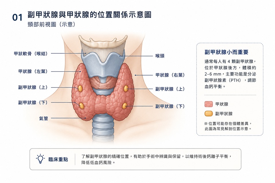 副甲狀腺與甲狀腺的位置關係示意圖。頸部前視圖，標示甲狀腺左右葉與四顆副甲狀腺的常見位置，內容與本節文字說明相同。