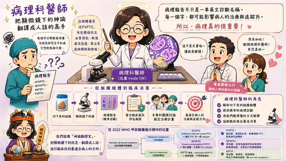 手繪風格資訊圖，描繪病理科醫師把顯微鏡下的判讀翻譯給外科醫師與病人聽，下方是從組織檢體到臨床決策的流程，以及 IFVPTC、IEFVPTC、NIFTP 在 2022 WHO 分類中的位置。內容與本文段落相同