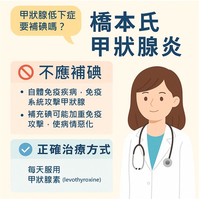 圖卡：橋本氏甲狀腺炎，甲狀腺低下症要補碘嗎？分成「不應補碘」與「正確治療方式」兩區，說明橋本氏是自體免疫疾病、補碘可能加重免疫攻擊，治療是每天服用甲狀腺素。內容與本文段落相同