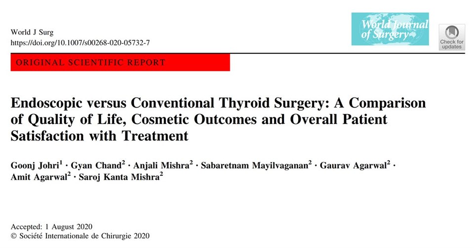 論文首頁：Endoscopic versus Conventional Thyroid Surgery，比較生活品質、美觀結果與整體滿意度，刊登於 World Journal of Surgery