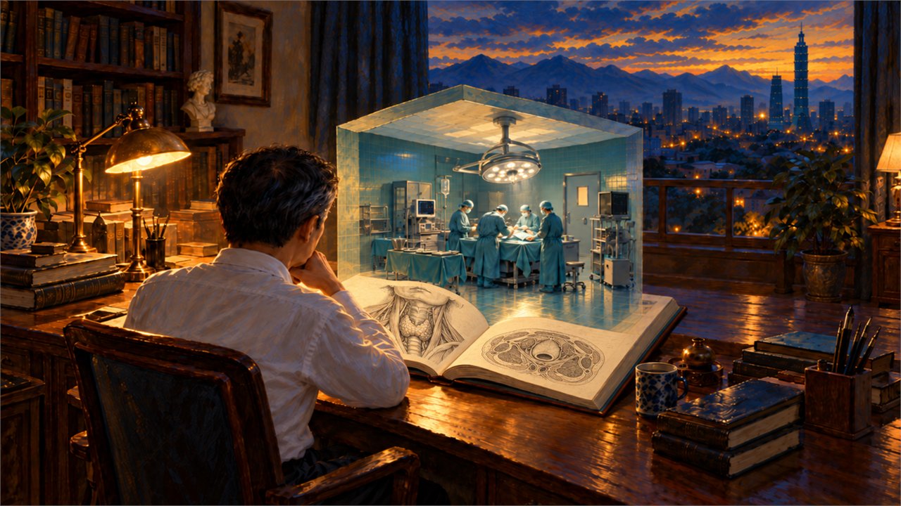 超現實油畫：黃昏的書房裡，一位穿白襯衫的男醫師背對鏡頭坐在書桌前，手撐著下巴看著攤開的大開本解剖圖譜。左頁畫的是頸部前面觀，甲狀腺兩葉跨在氣管上、帶狀肌被拉向兩側；右頁是一張軸狀剖面圖。書頁上方立著一間玻璃牆的手術室，裡面有無影燈、監視器與幾位穿手術衣的人圍在覆蓋好的手術檯旁。窗外是黃昏的城市天際線與遠山