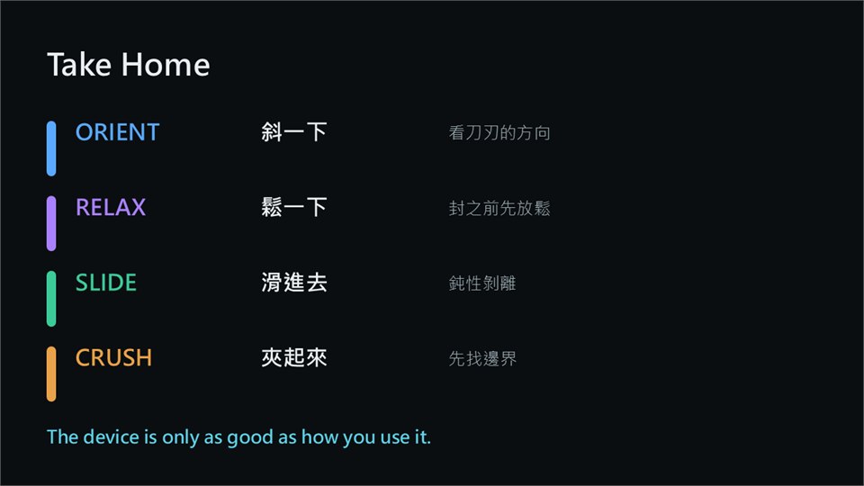 Take Home 投影片：四列並排，分別是 ORIENT 斜一下（看刀刃的方向）、RELAX 鬆一下（封之前先放鬆）、SLIDE 滑進去（鈍性剝離）、CRUSH 夾起來（先找邊界），最下方一句 The device is only as good as how you use it.。內容與本文段落相同