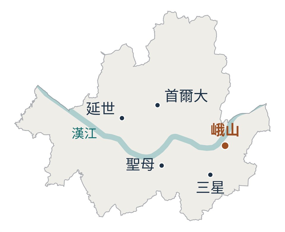 首爾市的簡圖，漢江橫貫其中，圖上標出五個點：首爾大學醫院在鍾路區、延世 Severance 在西大門區、首爾聖母醫院在瑞草區、三星首爾醫院在江南區，首爾峨山醫院則單獨落在東邊的松坡區