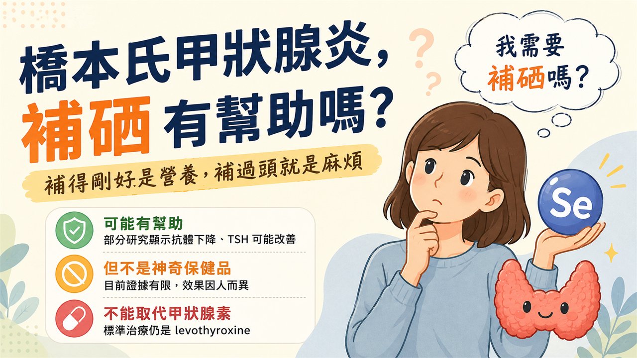 文章標題卡：橋本氏甲狀腺炎，補硒有幫助嗎？副標為「補得剛好是營養，補過頭就是麻煩」，並列出三個重點：可能有幫助、但不是神奇保健品、不能取代甲狀腺素