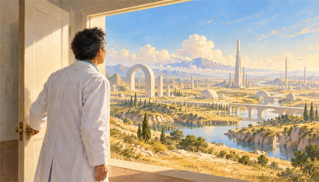 超現實油畫：一位穿白袍的醫師背對鏡頭站在一扇普通的門前，手還扶在門把上、抬頭看著；門後不是走廊，而是一整片陽光下的遼闊風景，拱門、高塔、圓頂與水道一路延伸到地平線