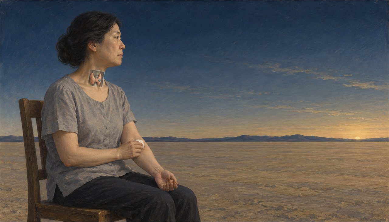 超現實主義油畫：黃昏的乾裂平原上，一位中年女性坐在木椅上望向遠方，手指按著手肘內側剛抽完血的白色棉花。她頸部前方有一扇小小的透明玻璃窗，窗裡看得見蝴蝶形的甲狀腺，其中一側有一顆藍綠色的結節
