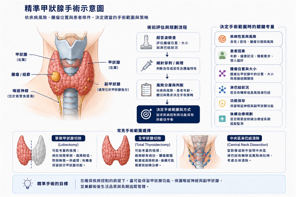 精準甲狀腺手術示意圖。頸部前視圖標示甲狀腺左右葉、腫瘤位置、副甲狀腺與喉返神經；右側列出術前評估流程與決定手術範圍時的關鍵考量；下方比較單側甲狀腺切除、全甲狀腺切除與中央區淋巴結清除三種常見範圍。內容與本節文字說明相同。