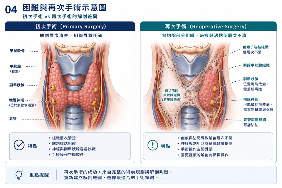 初次手術與再次手術的解剖差異示意圖。左側為初次手術的清楚組織層次，右側為再次手術時因疤痕與沾黏而改變的解剖關係，內容與本節文字說明相同。